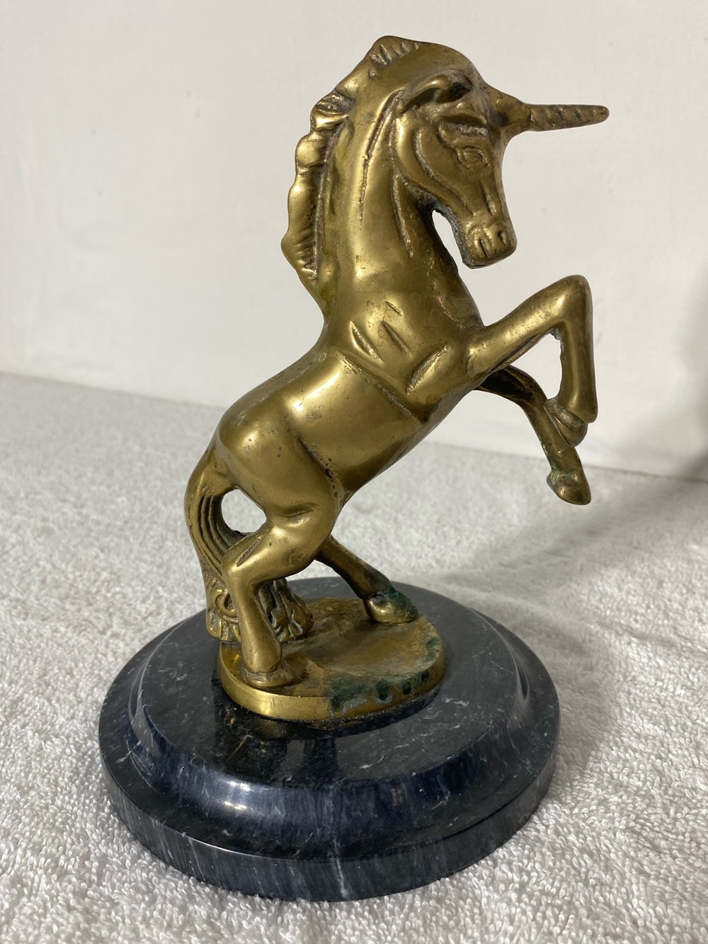 Vintage Brass Unicorn Statue Decorative Black Marble Stand Whimsical
